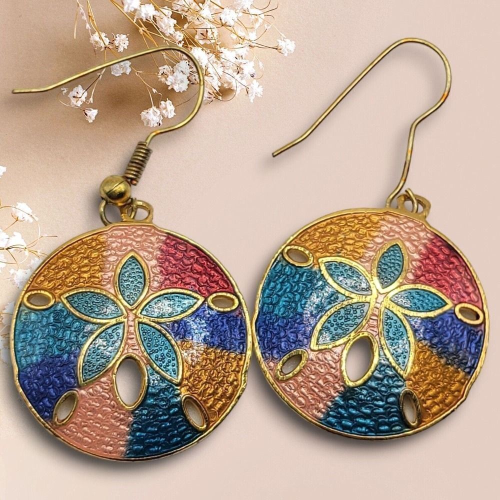 Vintage Cloisonne Hand Painted Enamel Brass Earrings Pierced Dangle Sand Dollars